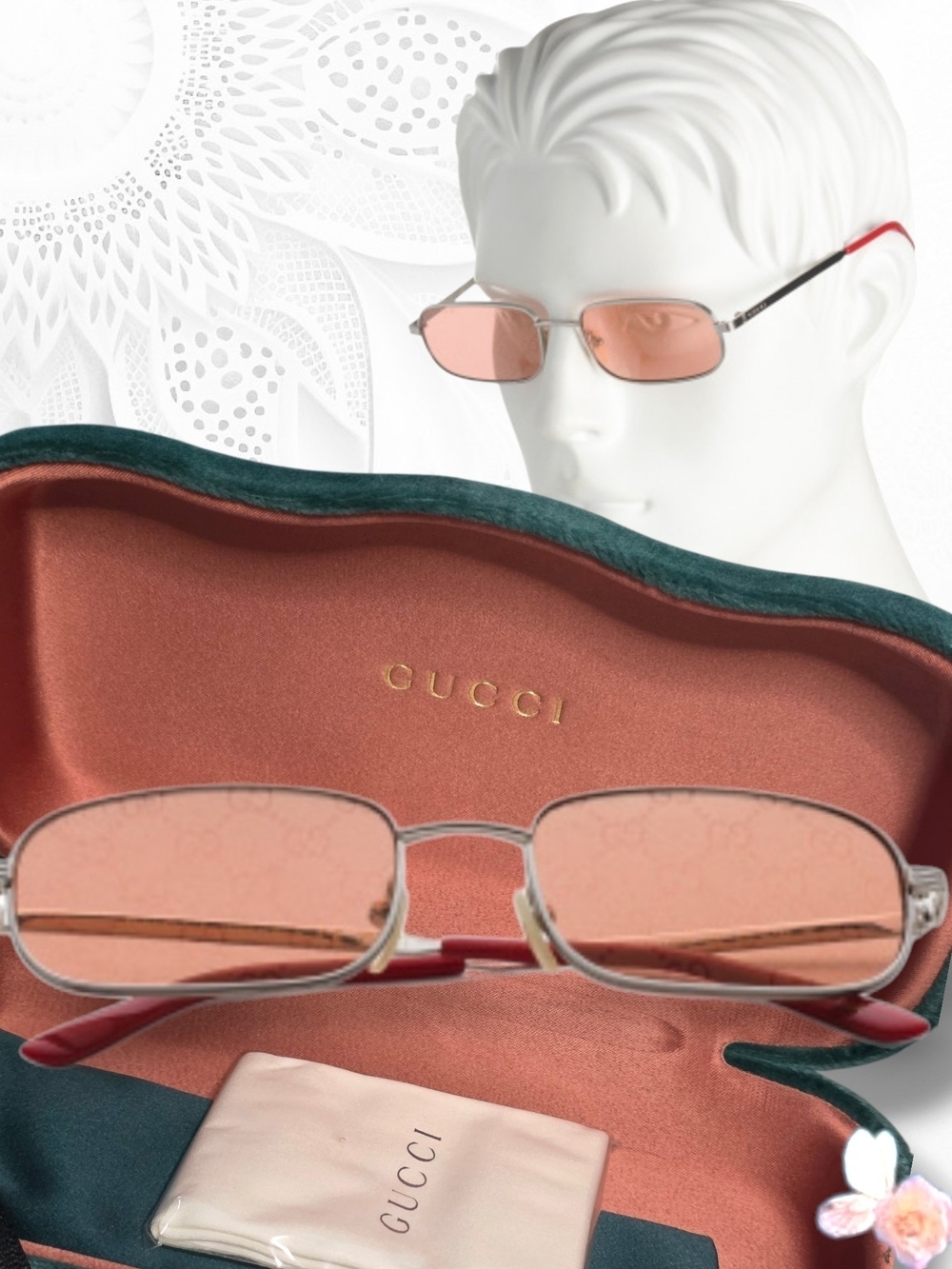 New Authentic Gucci Designer Sunglasses GG1457S 004 Red Tinted Lens Silver Metal